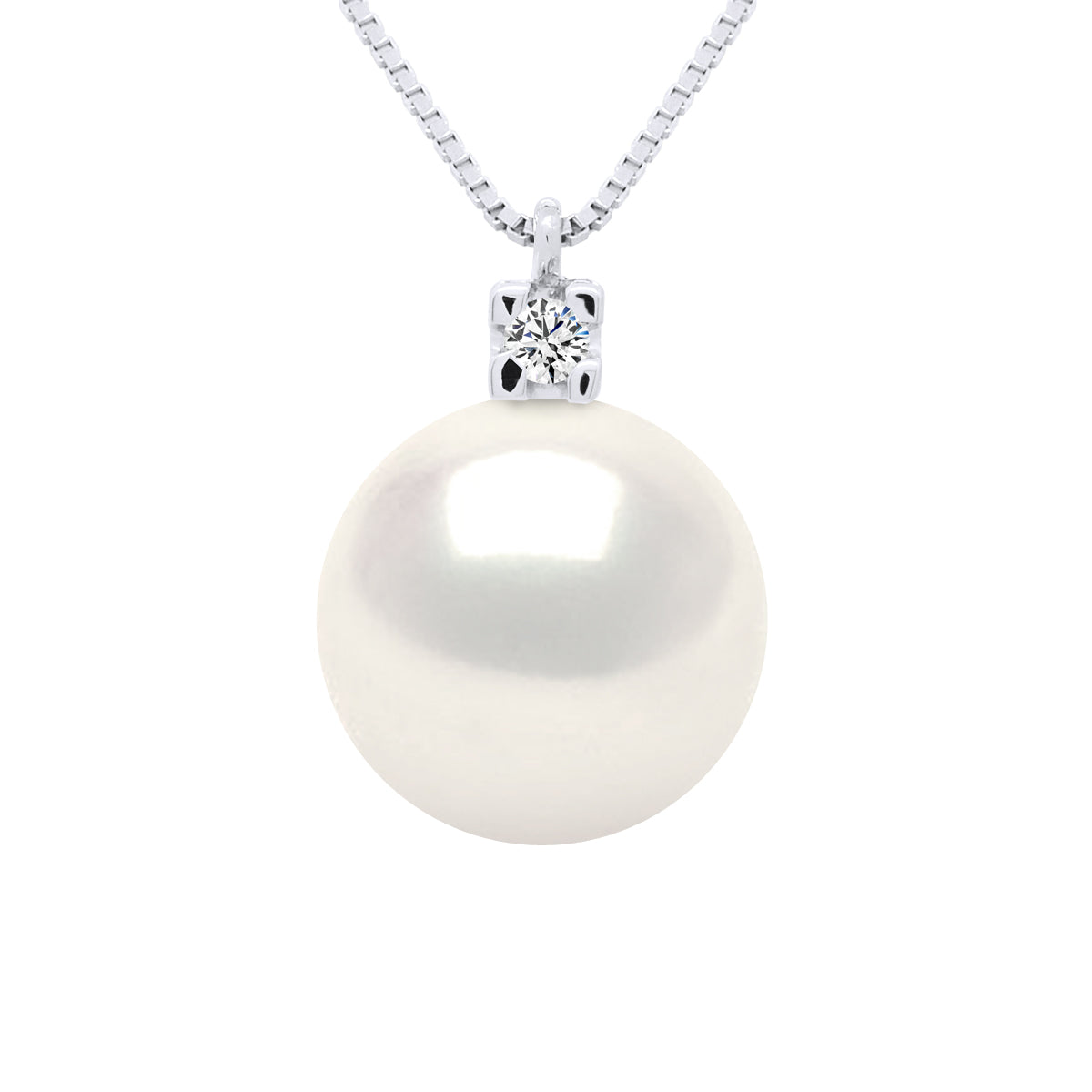 Necklace Jewelry 0,02 Cts ( 1 X 0,02 Cts ) White Gold and Real Cultured Freshwater Pearl Round 10-11 mm- Quality Aa - Natural White - Longueur 42 cm