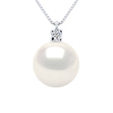 Necklace Jewelry 0,02 Cts ( 1 X 0,02 Cts ) White Gold and Real Cultured Freshwater Pearl Round 10-11 mm- Quality Aa - Natural White - Longueur 42 cm