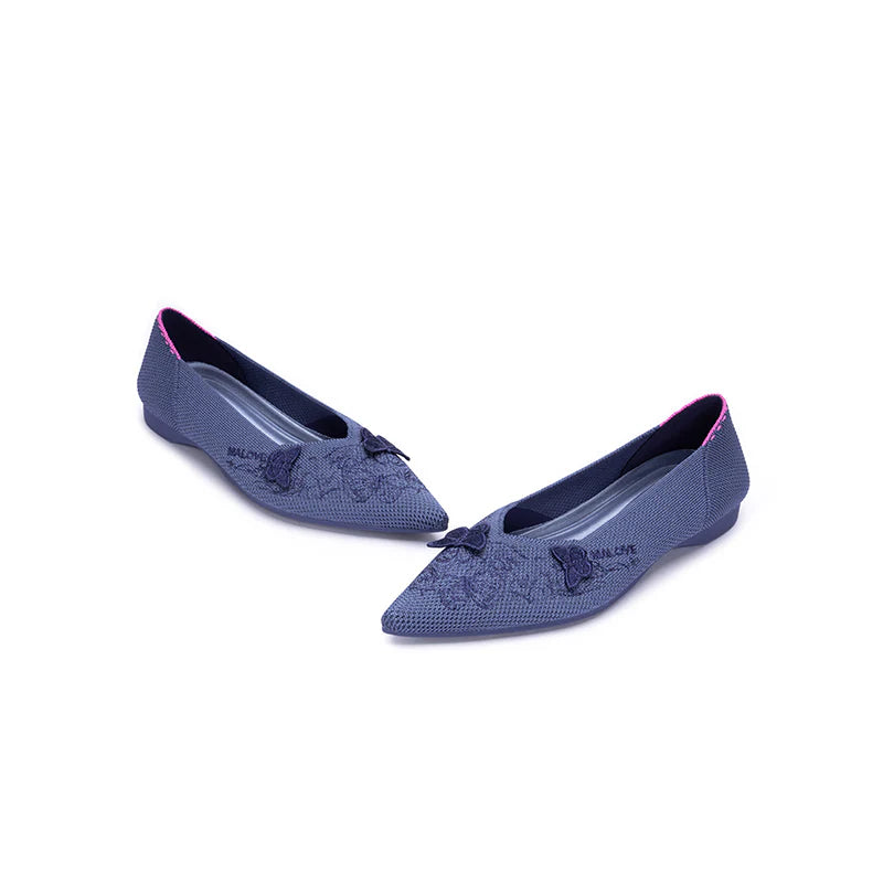 Butterfly Floral Knit Pointed Toe Ballet Flats - Indigo