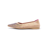 Rhinestone Knit Pointed Toe Ballet Flats - Apricot