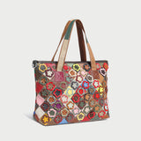 Colorful Hippie Floral Patchwork Leather Tote Bag - Rainbow