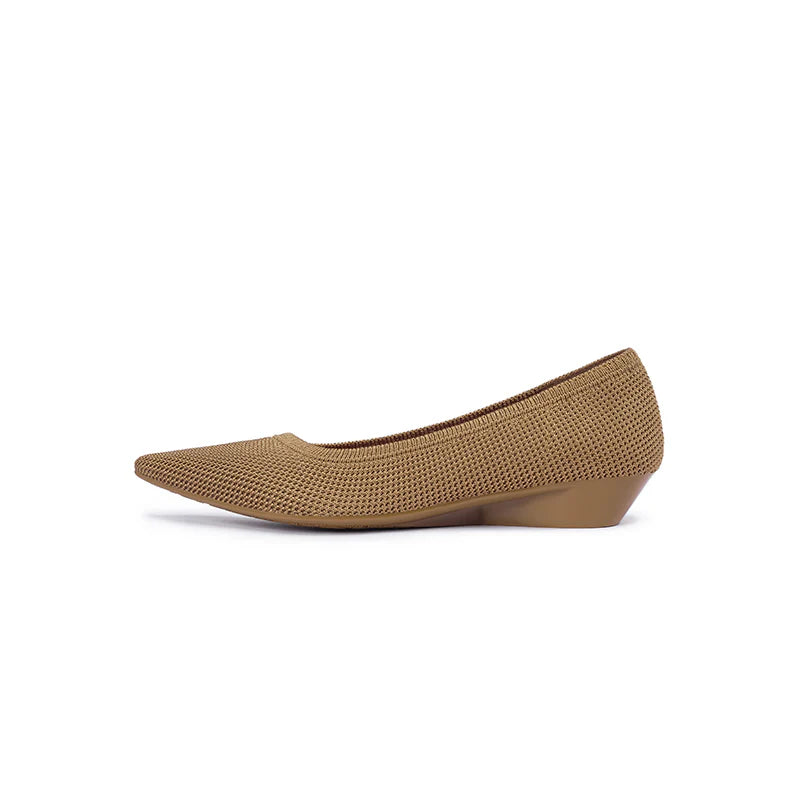 Diagonal Cut Knit Pointed Toe Wedge Flats - Tan