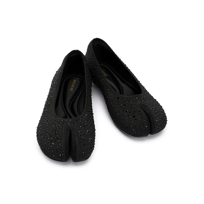 Glam Rhinestone Split Toe Flats - Black