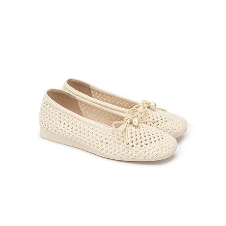 Pearl Bow Heart Mesh Knit Round Toe Wedge Flats - Ivory
