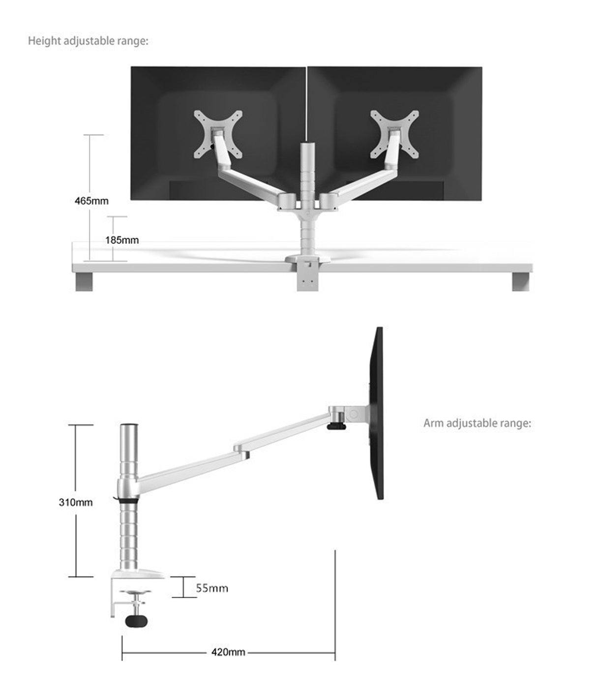 TODO Aluminium Dual Monitor Stand Desk Clamp Mount Bracket VESA 75-100mm 2 Arm