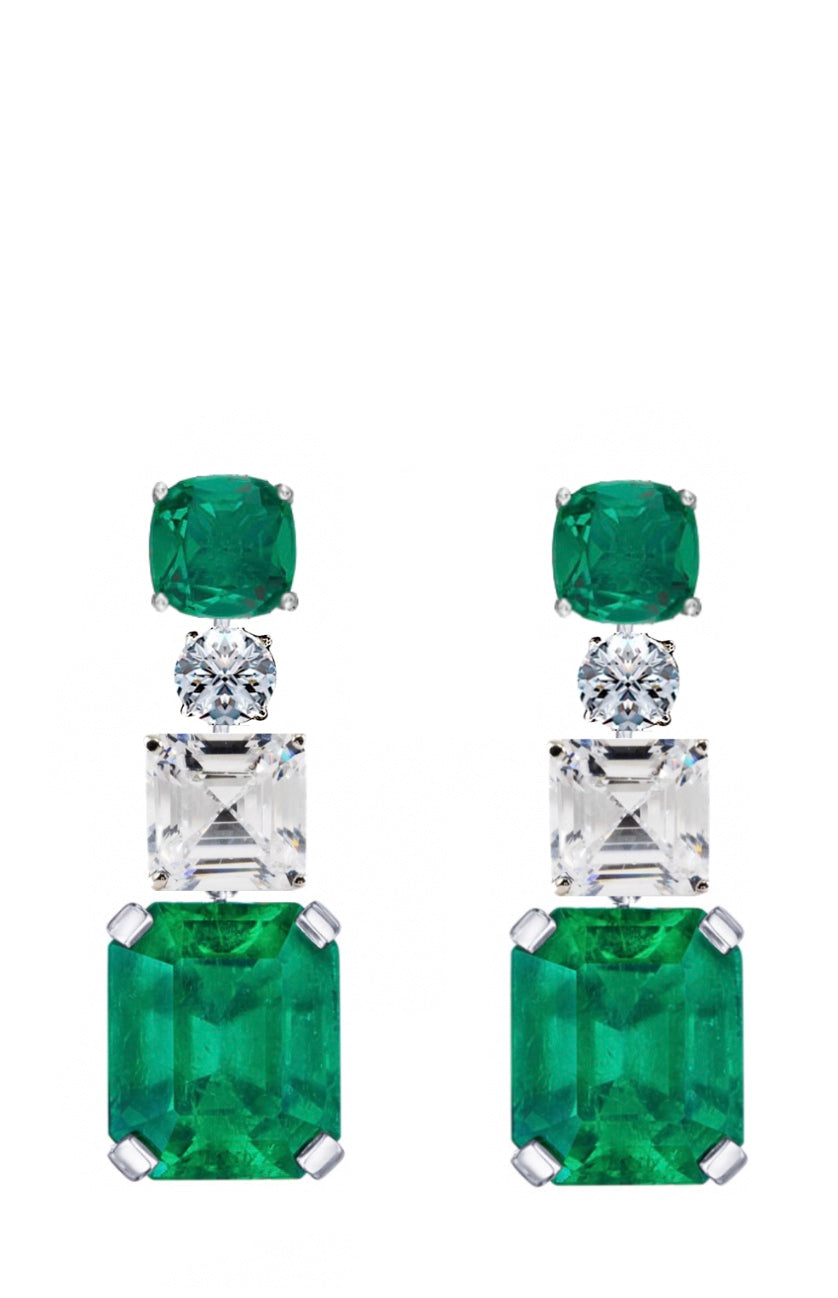 Liv Oliver 18K White Gold Green Emerald Cut Drop Earrings