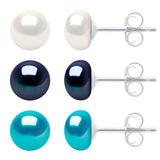 Manufacture Royale 3 Pair Earring Set Freshwater Pearl & Turquoise White & Black 6-7mm