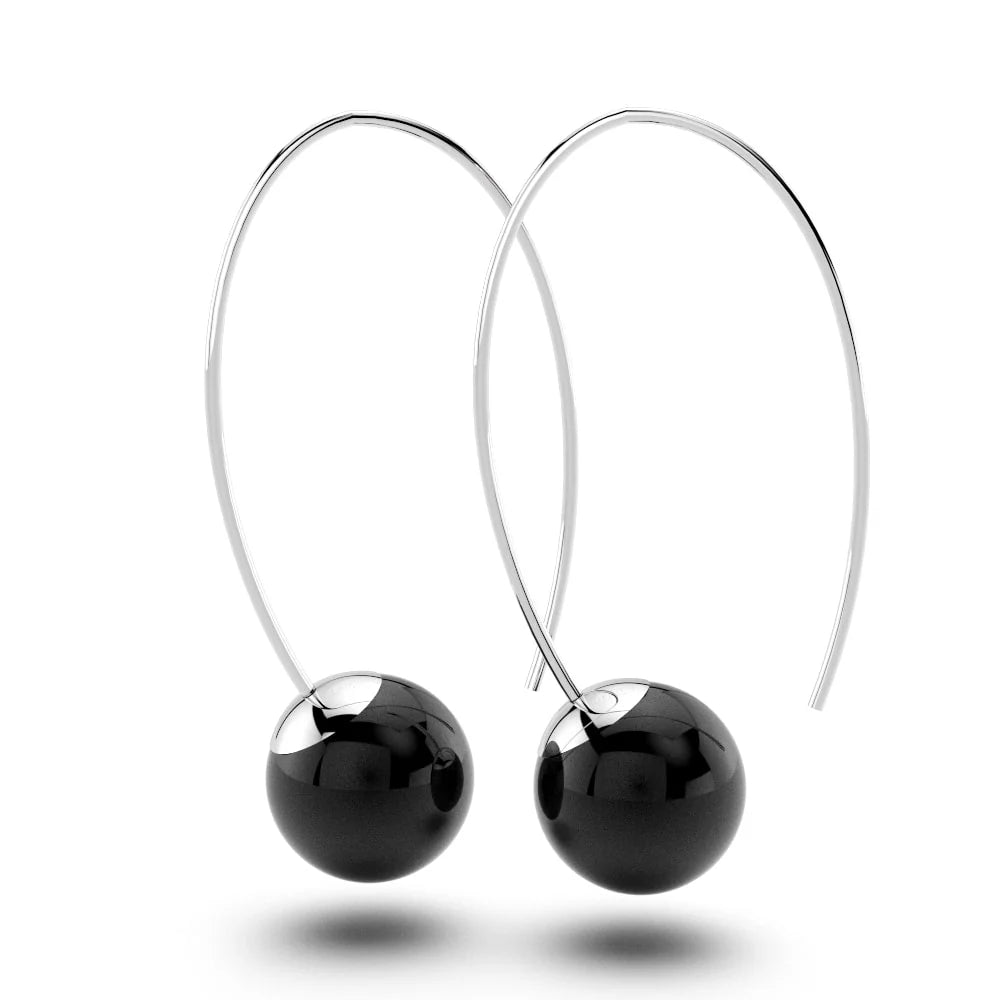 Solid 925 Sterling Silver Round Onyx Dangle Earrings