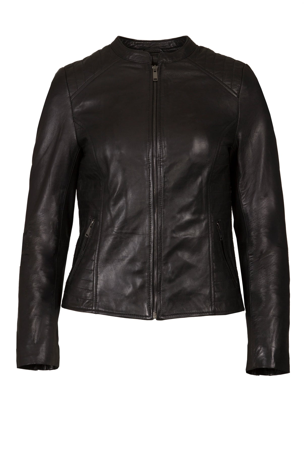 Womens Leather Stand Up Collar Jacket in Black