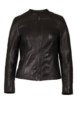 Womens Leather Stand Up Collar Jacket in Black