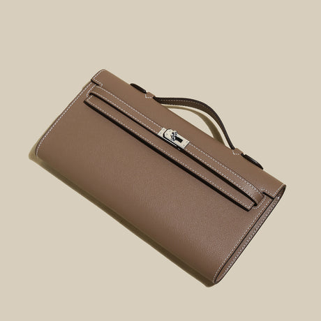 Structured Saffiano Leather Top-Handle Clutch - Taupe