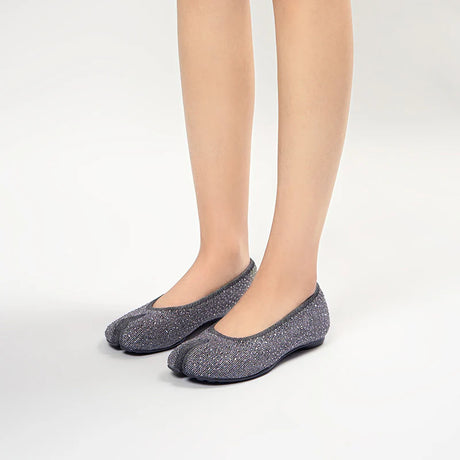 Glam Rhinestone Split Toe Flats - Grey