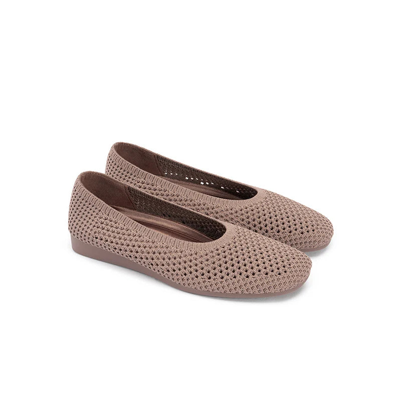 Heart Mesh Knit Square Toe Wedge Flats - Mocha