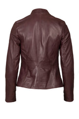 Womens Leather Stand Up Collar Jacket in Wine