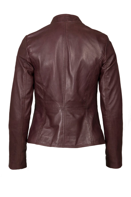Womens Leather Stand Up Collar Jacket in Wine