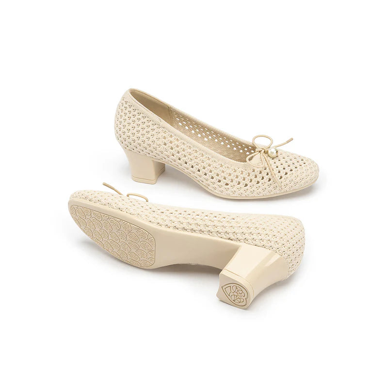 Pearl Bow Mesh Knit Round Toe Pumps - Ivory