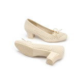 Pearl Bow Mesh Knit Round Toe Pumps - Ivory