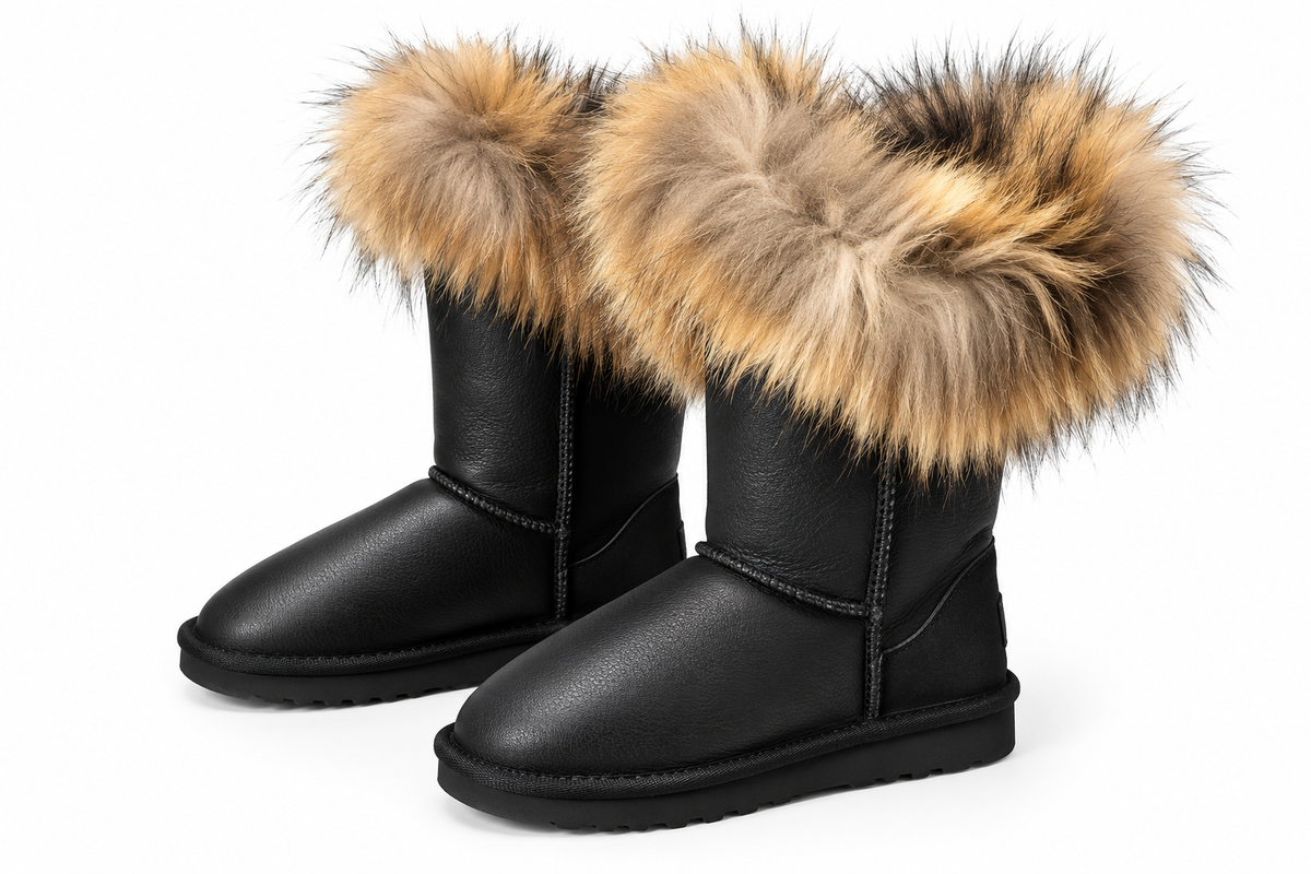 Australian Leather Ugg Fur Long Uggs Leather - Black - AU5