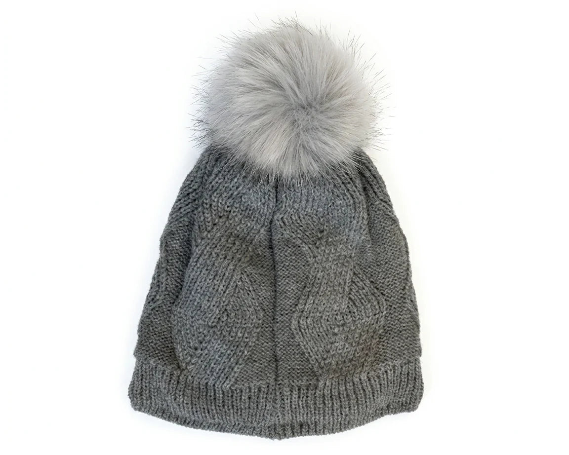Cherry Red Braid Beanie W/ Pom Pom - Light Grey