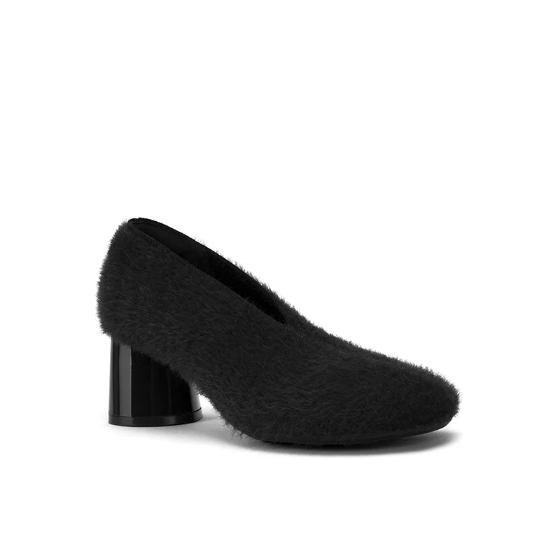 Fuzzy Round Toe Block Heel Pumps - Black