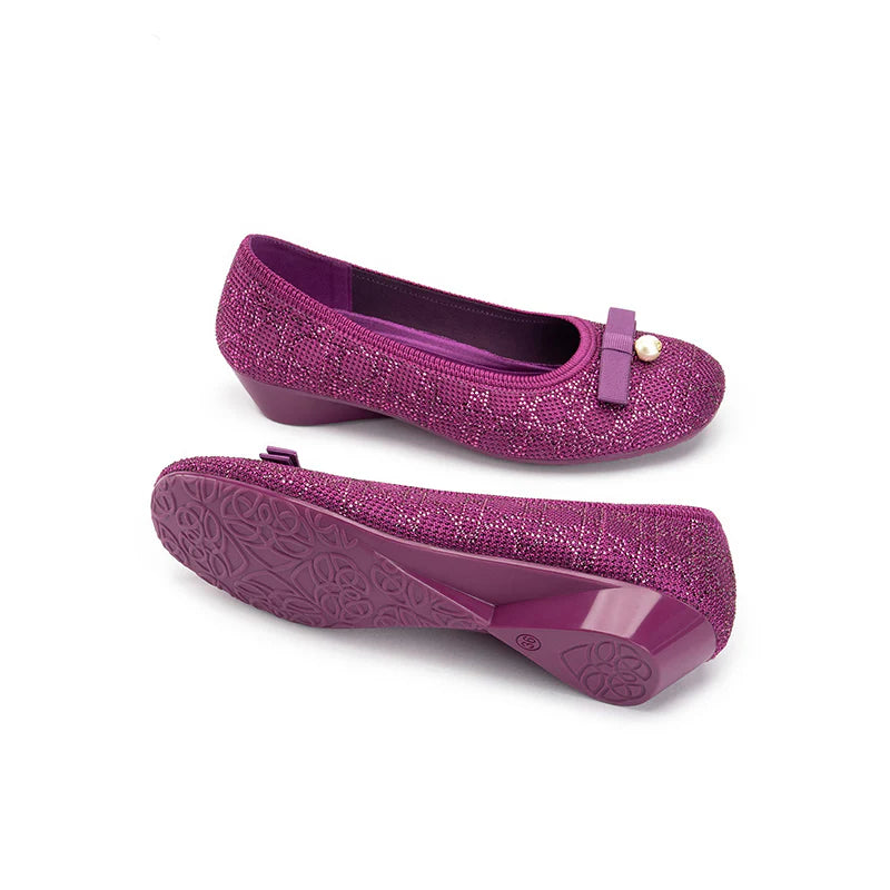 Pearl Bow Czech Crystal Knit Round Toe Wedge Pumps - Fuchsia