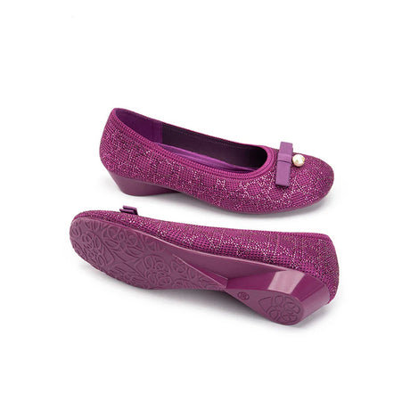 Pearl Bow Czech Crystal Knit Round Toe Wedge Pumps - Fuchsia