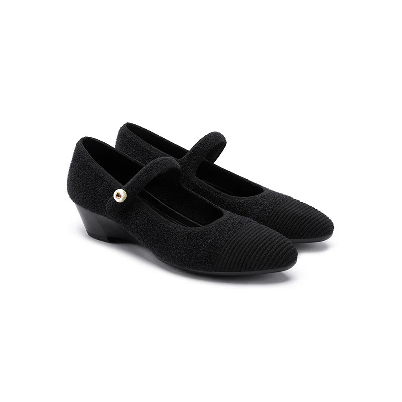 Vintage Tweed Low Heel Mary Jane Shoes - Black