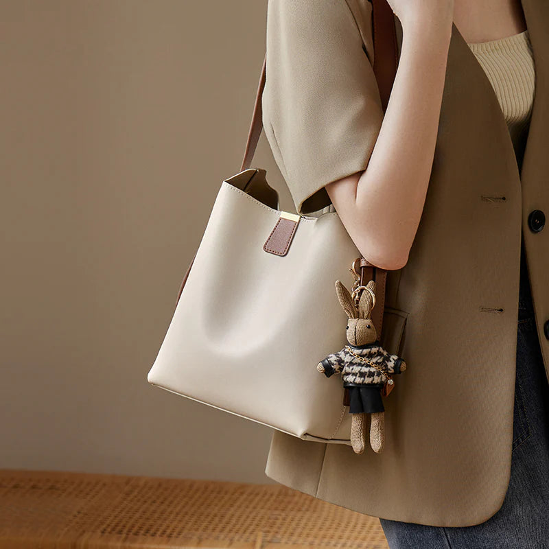Nalandu Minimalist Genuine Leather Bucket Shoulder Bag - Ivory