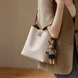 Nalandu Minimalist Genuine Leather Bucket Shoulder Bag - Ivory
