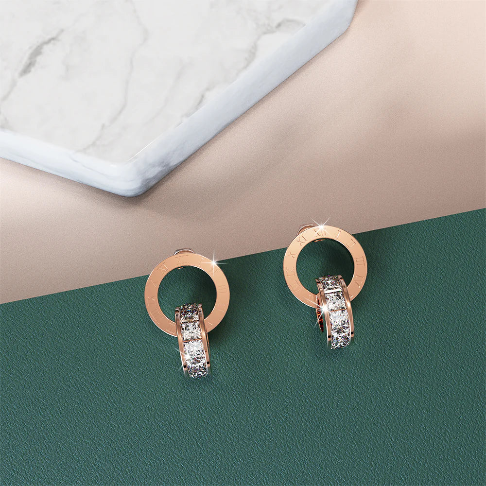 Bullion Gold Pisces Round Interlock Dangle Rose Gold Layered Earrings Clear