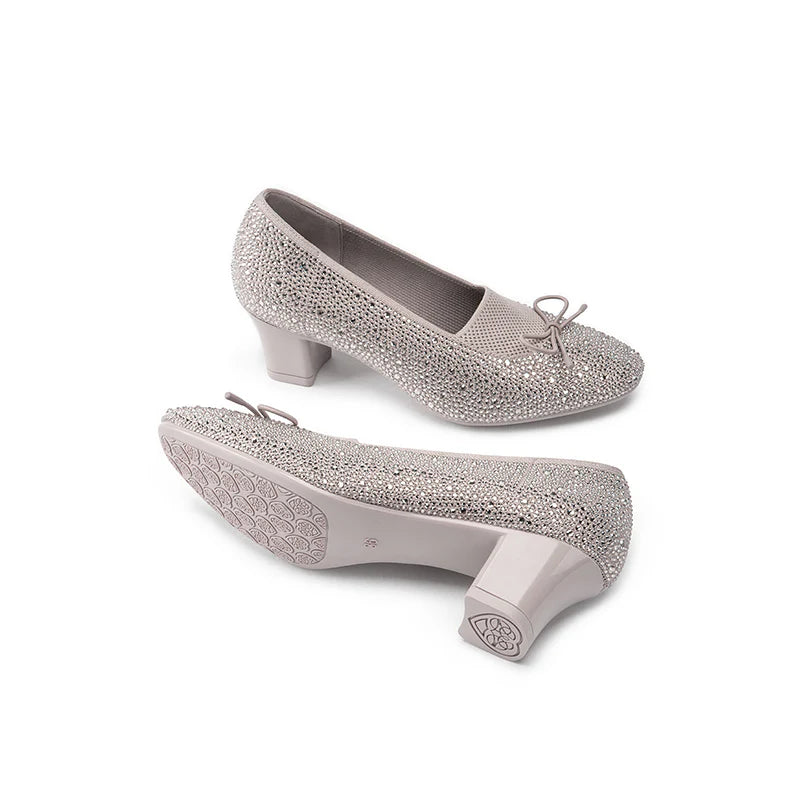 Rhinestone Bow Knit Round Toe Block Heel Pumps - Taupe