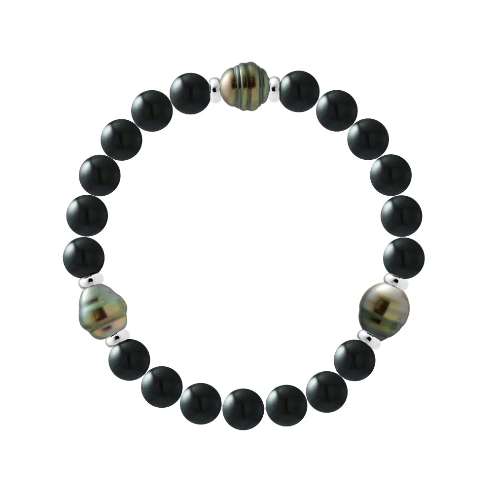 Tahitian Bracelet Onyx Blacke - 3 Genuine Tahitian Cultured Pearls Circled 8-9 mm
