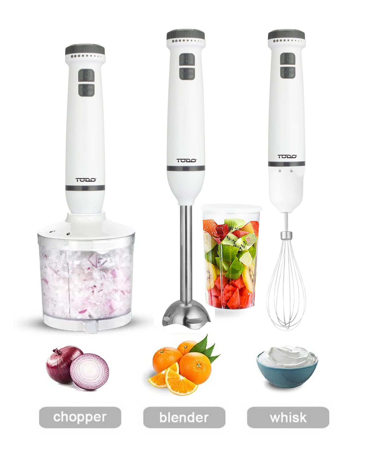 TODO Stick Mixer Set Food Chopper Electric Blender Whisk Handheld Beaker Jar Bowl - White