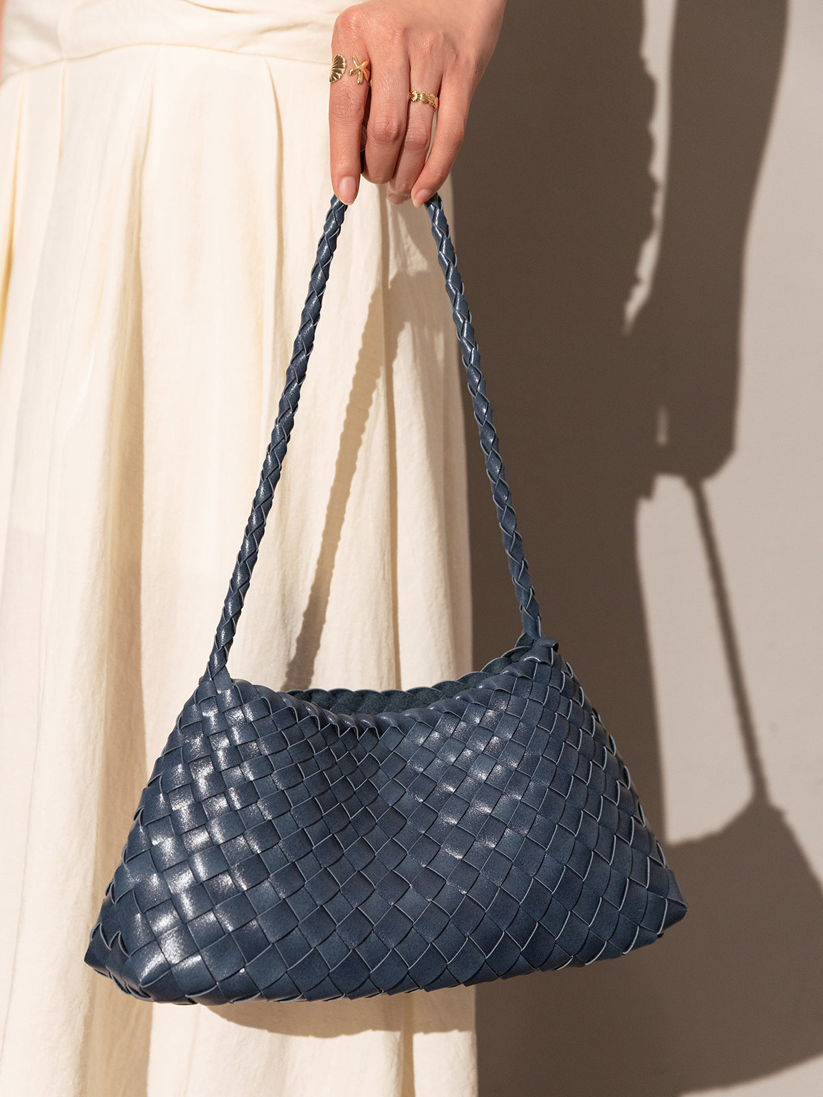 Mini Woven Trapezoid Drawstring Shoulder Bag - Navy