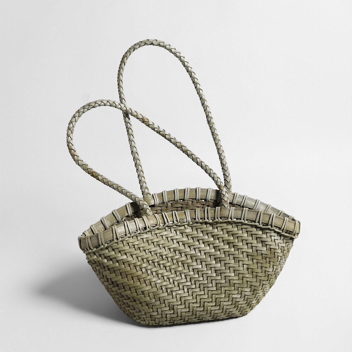 Handwoven Leather Flared Market Basket Tote - Olive