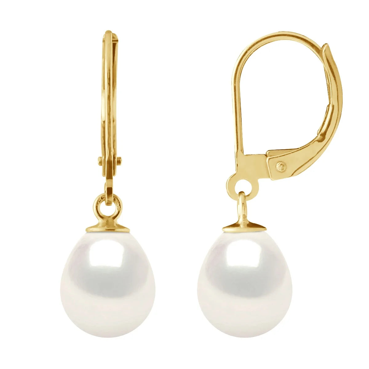 Drop Earrings Freshwater Pearl White Yellow Gold 8-9mm
