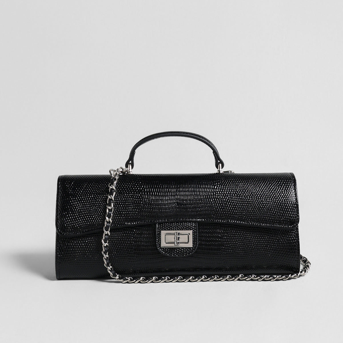 Lizard Embossed Leather Baguette Bag – Black Chain Shoulder Bag