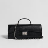 Lizard Embossed Leather Baguette Bag – Black Chain Shoulder Bag