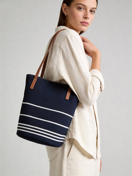 Navy Striped Canvas Bucket Tote - Navy