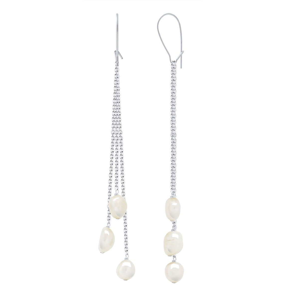 Earrings 2 X3 Real Cultured Freshwater Pearls Baroque 6-7 mm - Natural White - Longueur 42 cm