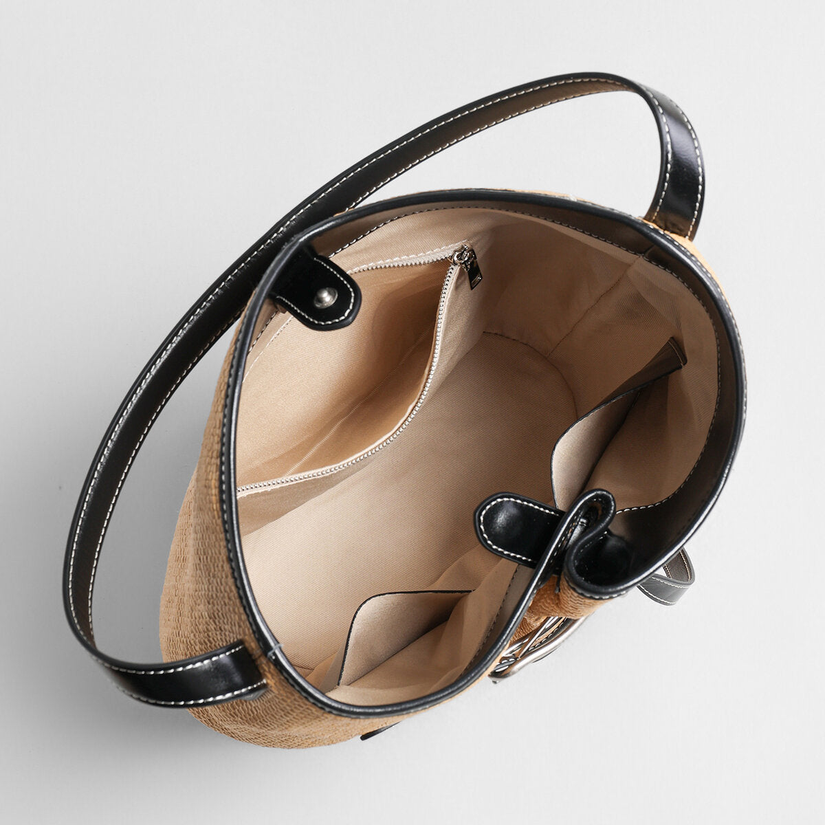 Belted Woven Straw Bucket Bag - Natural