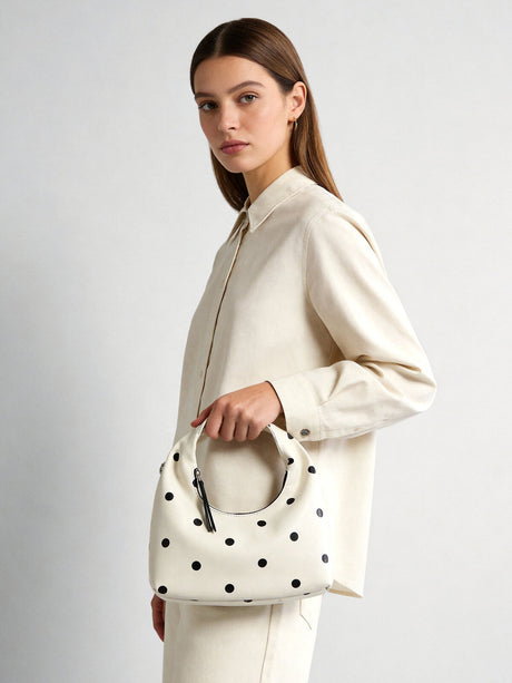 Polka Dot Leather Crescent Hobo Bag - Ivory