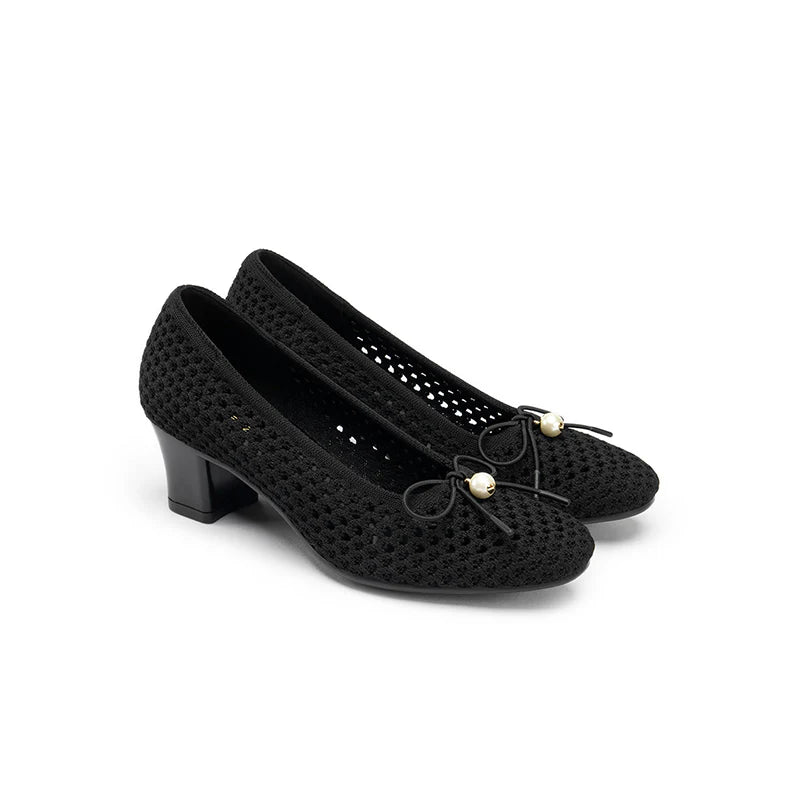 Pearl Bow Mesh Knit Round Toe Pumps - Black
