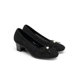 Pearl Bow Mesh Knit Round Toe Pumps - Black