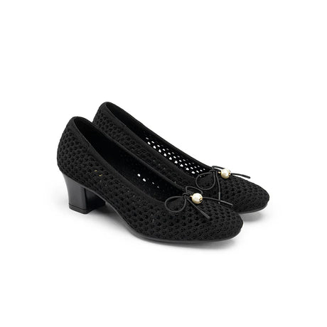 Pearl Bow Mesh Knit Round Toe Pumps - Black