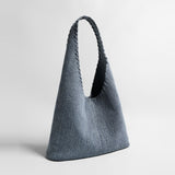 Textured Denim-Style Woven Hobo Tote Bag - Denim