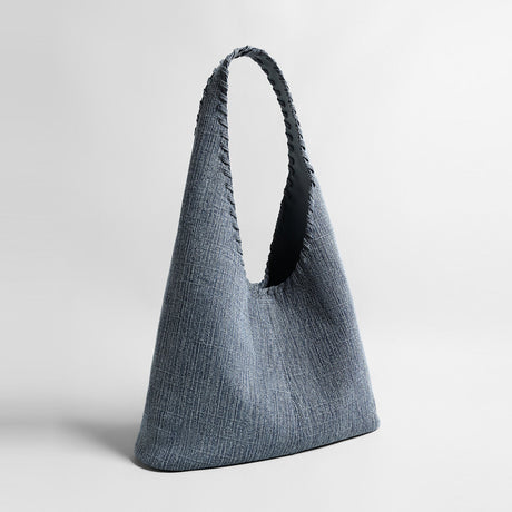Textured Denim-Style Woven Hobo Tote Bag - Denim