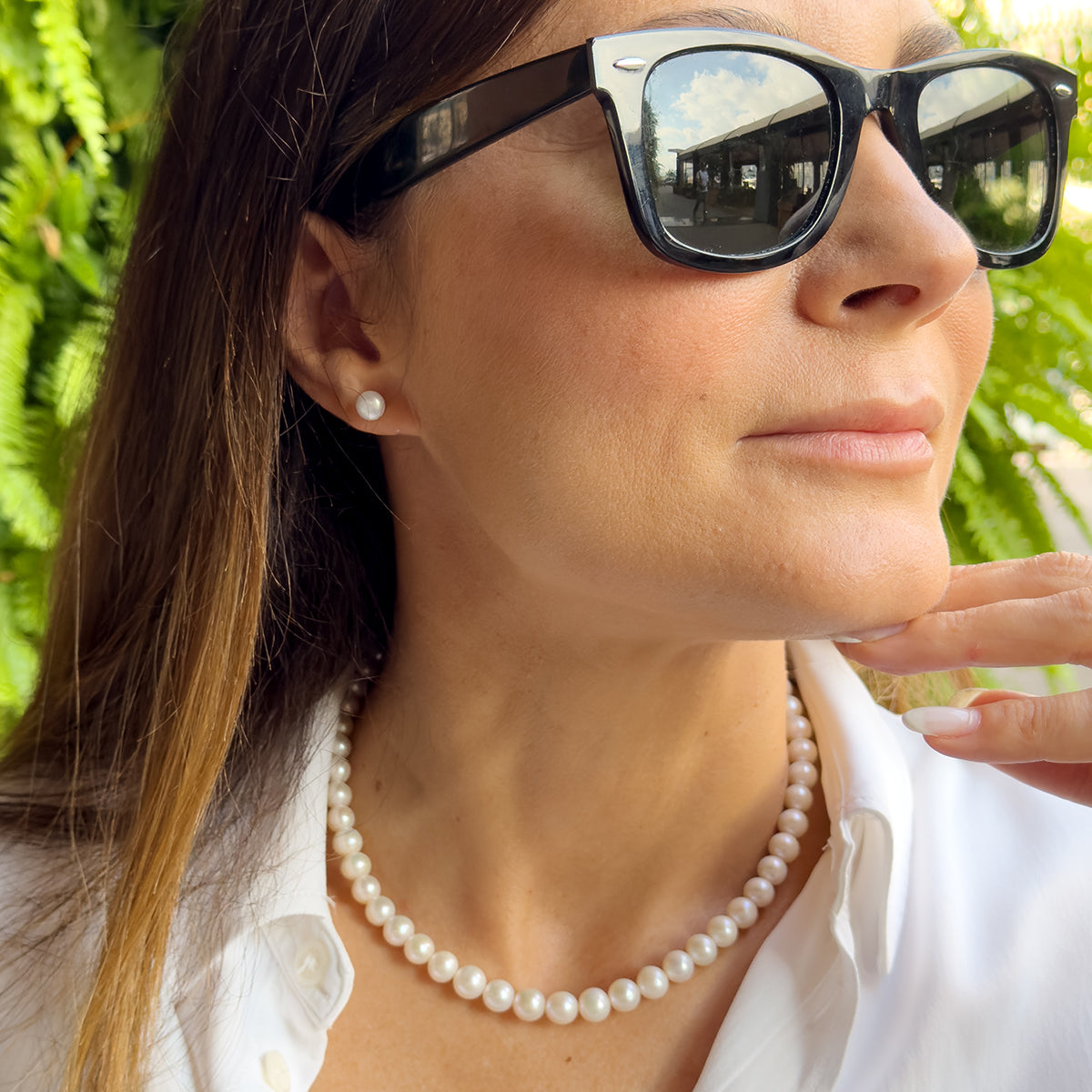 Set Necklace + Earrings - Natural Pearl White Is Made Up of A Row of Pearl - Longueur 42 cm