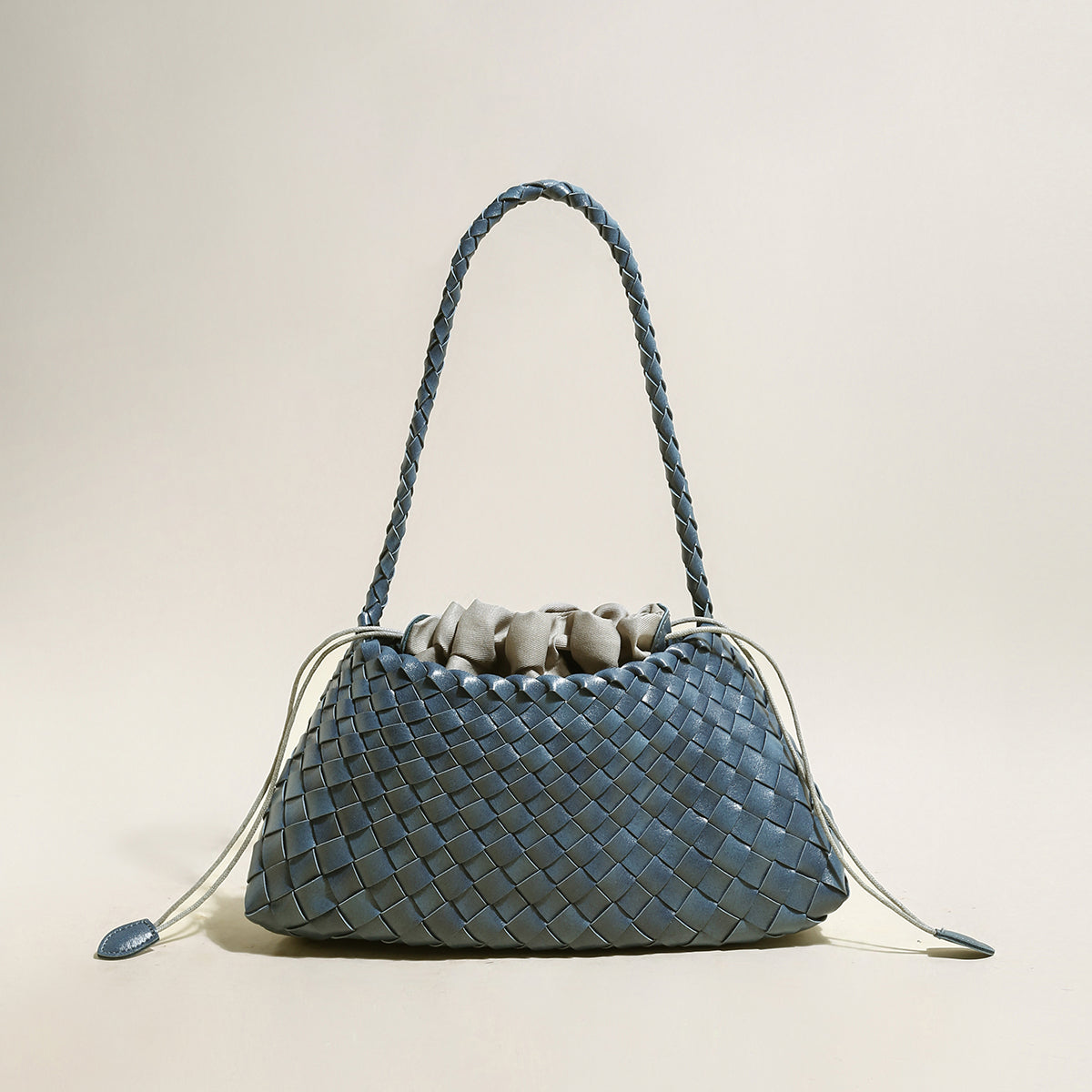 Mini Woven Trapezoid Drawstring Shoulder Bag - Navy