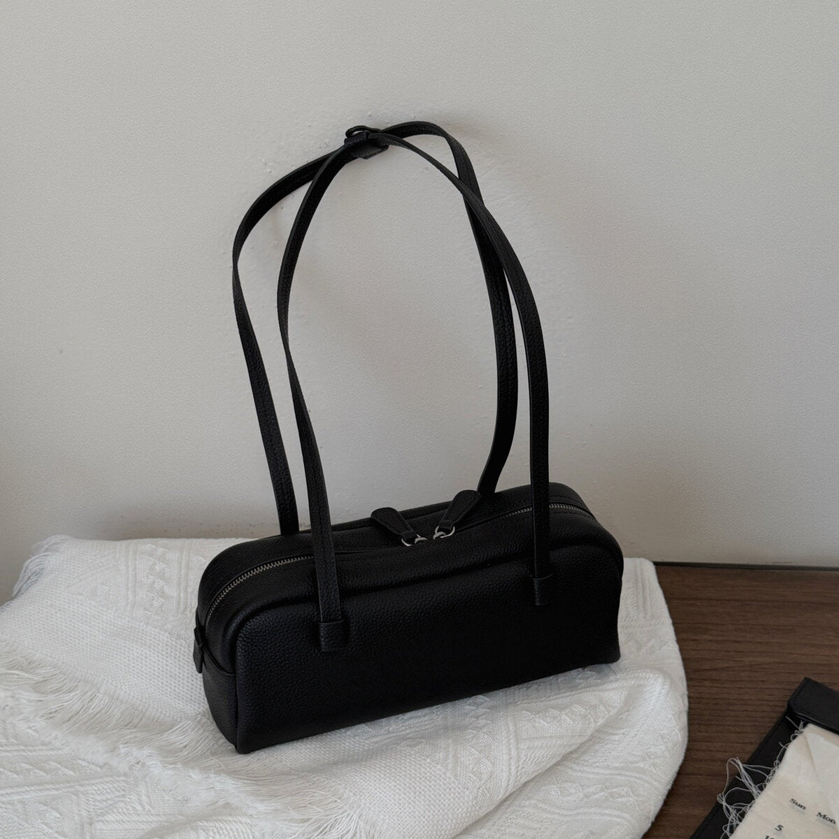 Structured Pebbled Leather Pillow Bag - Black
